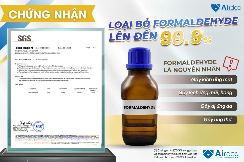 chung nhan sgs ve tinh nang loai bo formaldehyde cua may loc khi airdog
