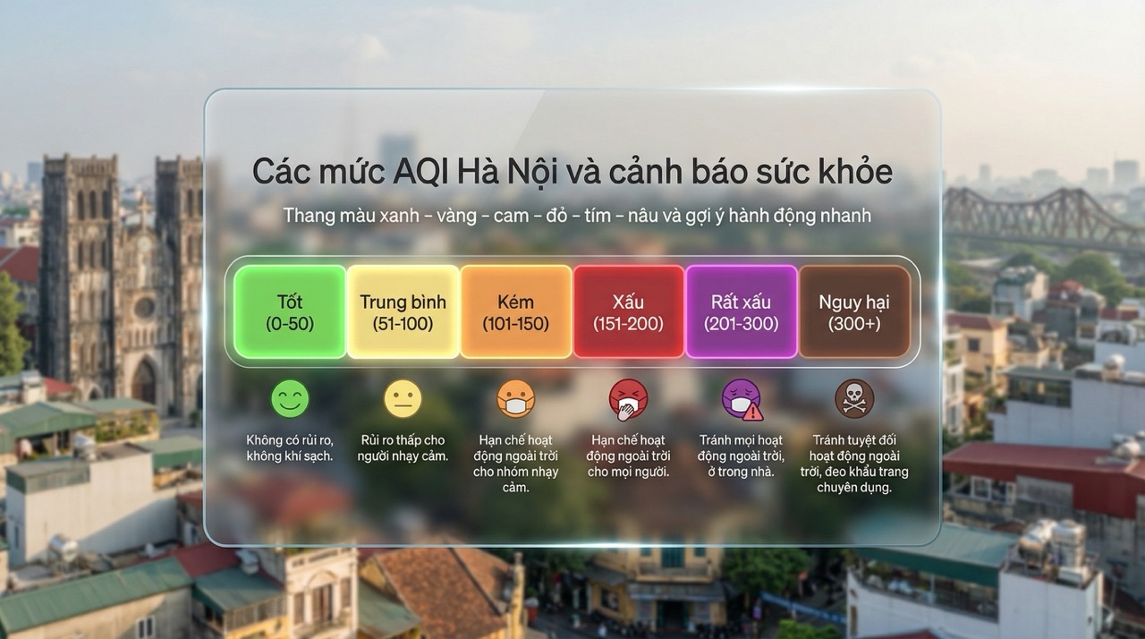 Các mức AQI Hà Nội và ý nghĩa cảnh báo sức khỏe